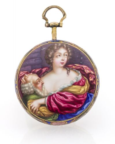 ROMAN CHARITY CABRIER,London,Number 278. Enamel signed Huaud le puisné fecit circa 1680-1685. The movement, dial and bezel circa 1730. Very fine and important painted on enamel 21K.