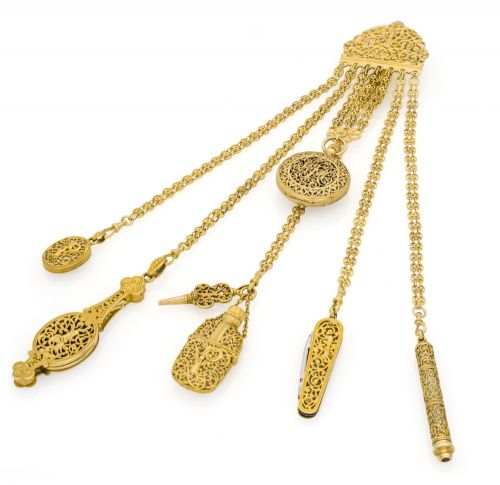 TO THE CIPHER OF A MEMBER OF A ROYAL FAMILY OF THE BALKANS Charles Oudin, Paris, No. 27 709, circa 1880. Extremely fine and very rare, 18k varicoloured gold, hunting-case, keyless-winding and setting, pendant-watch, with its matching chatelaine and breloq