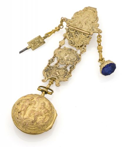 JACQUES COULIN AMY BRY A GENEVE Jacques Coulin Amy Bry a Geneve - Gold Repousse Watch No. 4330. Fine, gold repousse pair-cased pocket watch with gilt brass chatelaine with key and seal en suite.