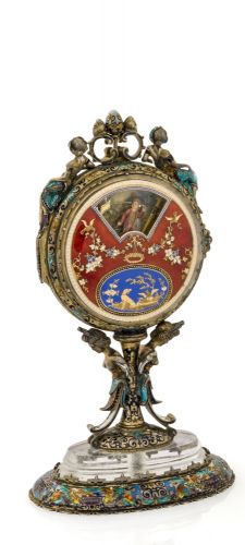ROCK CRYSTAL WANDERING AUTOMATA Attributed to Bouvier Frères or Chevalier Cochet, Geneva, circa 1795-1800, the monstrance, Wien, mid-19th century. The movement and dials of a double-face watch with wandering automata and visible balance, fitted in a lat