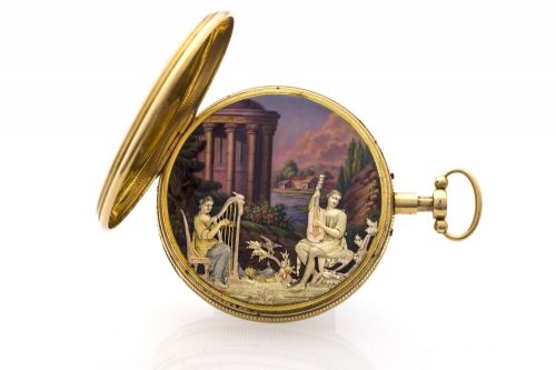 THE MUSICIANS Henry Capt à Genève, No. 820. Made circa 1815. Very fine and rare, 18K gold and painted on enamel pocket watch with independent music and automata