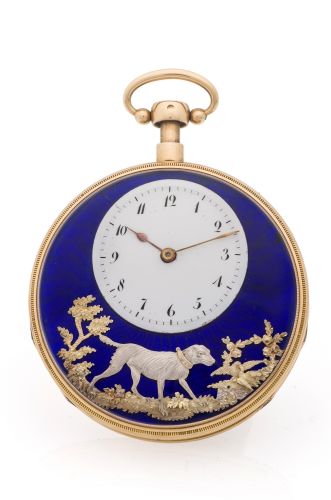 PIGUET MEYLAN, "BARKING DOG WITH DOVES". J.D. Piguet P. Meylan, Geneva, No. 193, circa 1820. Very rare and very fine 18K gold, quarter-repeating "barking dog automaton watch.