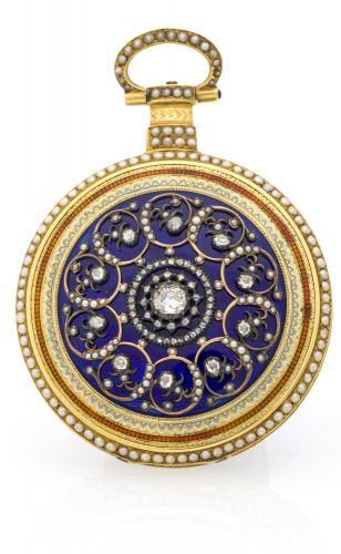 'DIAMOND ROSETTE' Attributed to WILLIAM ANTHONY DIAMOND SNOWFLAKE retail by Just and Lane, No. 1855. Made circa 1800. Very fine, large, 18K gold and enamel, pearl and diamond set pocket watch.