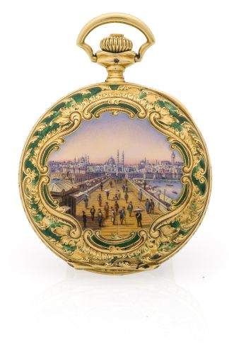 PORTRAIT OF ABDUL-MEJID Edward Prior, London, Swiss, for the Islamic market, case number 1584931 circa 1900,retail by Nacib K. Djezvedjian. Fine 18-carat gold and enamel hunting cased watch.