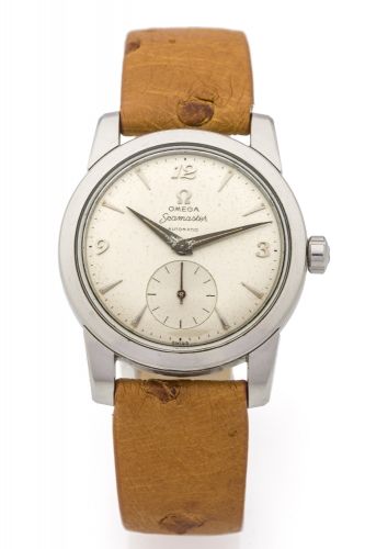 OMEGA, REF. 2576, SEAMASTER AUTOMATIC, STEEL Omega, "Seamaster, Automatic," No. 14114982, Ref. 2576-8. Made circa 1955. Fine and rare, self-winding, water-resistant, stainless steel wristwatch.