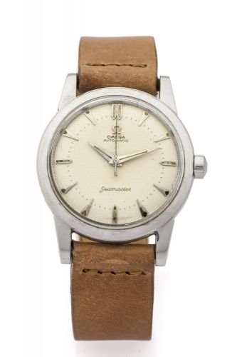 OMEGA, REF. 2577, SEAMASTER, HONEYCOMB DIAL, STEEL Omega, "Automatic", movement No. 13284212, Ref. 2577-11 SC. Made circa 1952. Fine, center seconds, self-winding, water resistant, "Staybrite" stainless steel wristwatch.