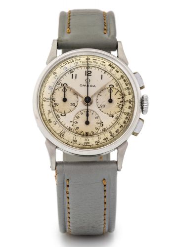 OMEGA REF. 2277 CHRONOGRAPH STAINLESS STEEL Omega, No. 10828765, Ref. 2277-2. Made in the late 1950s. Fine, stainless steel wristwatch with square button chronograph, registers tachometer and telemeter.