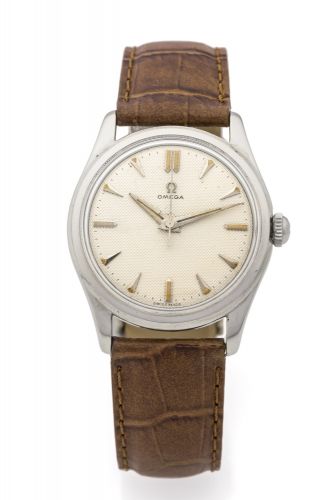OMEGA, SEAMASTER, HONEYCOMB DIAL, STEEL Omega, "Seamaster," No. 13642829, Ref. 2690 SC. Made circa 1956. Fine and rare, center seconds, water-resistant, stainless steel wristwatch.
