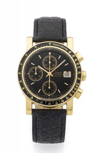 GIRARD PERREGAUX REF 7000, BLACK DIAL, YELLOW GOLD Girard-Perregaux, No. 0J-673, Ref. 7000. Made circa 1997. Fine, self-winding, water-resistant, 18k yellow gold wristwatch with wedge shaped button chronograph, registers and date and an 18k yellow gold Gi