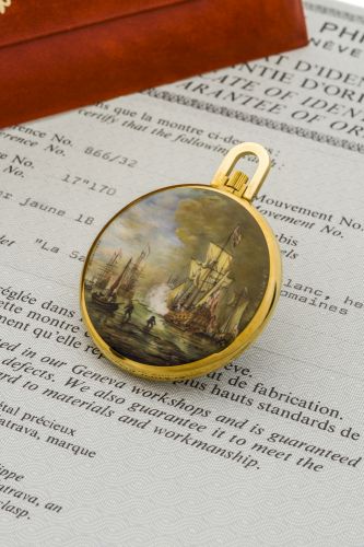 PATEK PHILLIPE REF. 866/32 WATCH WITH UNIQUE ENAMEL MINIATURE "PORTRAIT OF LA SALVE BY WILLEM VAN DE VELDE LE JEUNE" BY SUZANNE ROHR, YELLOW GOLD Patek Philippe, Genève, No. 932256. Ref. 866/32. The miniature by Suzanne Rohr. Sold at Gubelin, Lucerne in A