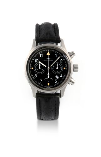 IWC FLIEGER CHRONOGRAPH STEEL IWC ''Flieger chronograph'' Ref. 3740,case No. 2536510 Made circa 2000s. Fine, water-resistant, stainless steel quartz wristwatch with round button chronograph date and a stainless steel IWC buckle Chronographe en acier étanc