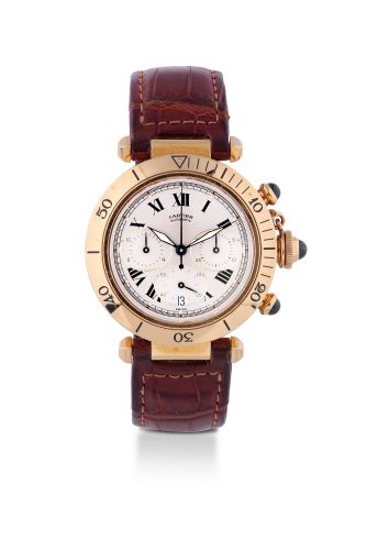 CARTIER PASHA CHRONOGRAPH YELLOW GOLD Cartier, "Pasha", Ref. 2111, case no. 222022. Made in the 1990s. Fine, water-resistant, self-winding, 18K yellow gold wristwatch with roundbutton chronograph, registers, date and an 18K yellow gold Cartier deployant c