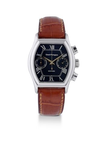 GIRARD PERREGAUX RICHEVILLE CHRONOGRAPH STEEL Girard Perregaux, Richeville case no.2250, ref. 2750. Made Circa 1990's Fine stainless steel tonneau shaped self winding chronograph wristwatch withblue dial, 2 registers. And a stainless steel GP buckle. Beau