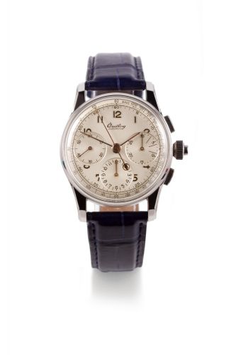 BREITLING, DUOGRAPH, SPLIT SECOND CHRONOGRAPH, STEEL Breitling, Duograph, case No. 542723, Ref. 766. Made circa 1960. Fine and very rare manual wind stainless steel split-second chronographwristwatch with a later steel Breitling buckle. With box. Tres rar