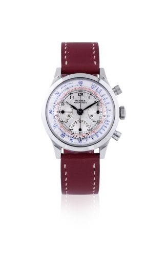 TAVANNES, RETAILED BY HERMES, "WATERPROOF" CHRONOGRAPH STEEL Tavannes, chronograph. Made circa 1950. Fine, stainless steel, manual winding chronograph. Belle et rare montre chronographe en acier. Boitier rond. Cadran argent avecchiffres arabes peints, tot