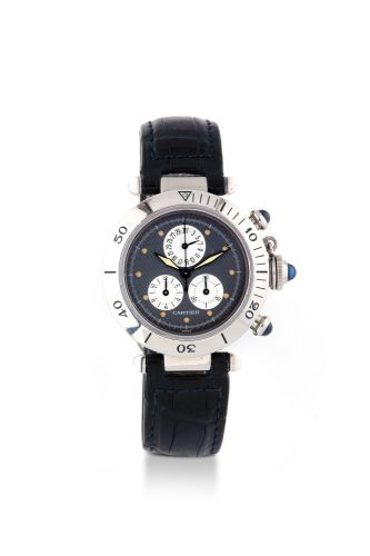 CARTIER PASHA CHRONOGRAPH STEEL Cartier, "Pasha de Cartier, " Ref. 1352 1,No. CO 47601. Made in the 1990's. Fine, water-resistant, stainless steel quartz wristwatch with round button chronograph registers, date and a stainless steel Cartier deployant clas
