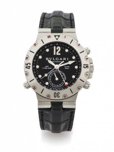 BVLGARI SCUBA REF. SD38S THREE TIME ZONE STEEL A very fine self-winding stainless steel diver's wristwatch with date and three time zones.