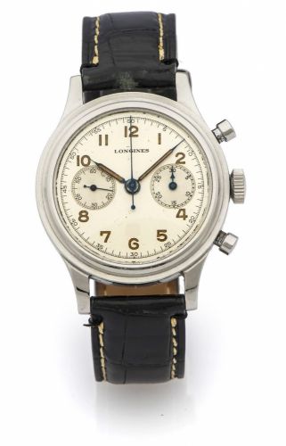 LONGINES REF. 6474 FLYBACK CHRONOGRAPH STEEL A fine manual-winding stainless steel wristwatch with flyback chronograph.
