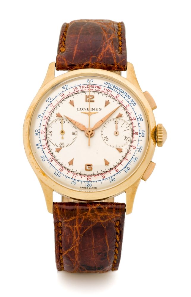 LONGINES, CHRONOGRAPH, REF. 5967, 30 CH, PINK GOLD A fine, large and attractive, manual wind, 18k pink gold chronograph wristwatch.