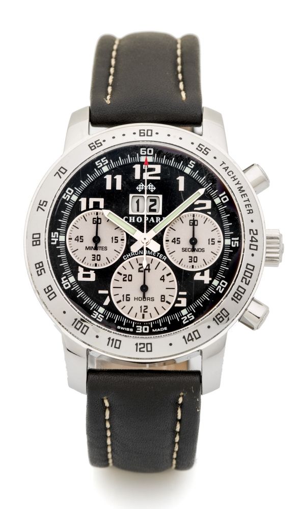 CHOPARD JACKY ICKX EDITION Fine and rare limited edition, self winding, stainless steel chronograph wristwatch with black dial, 3 registers and date.
