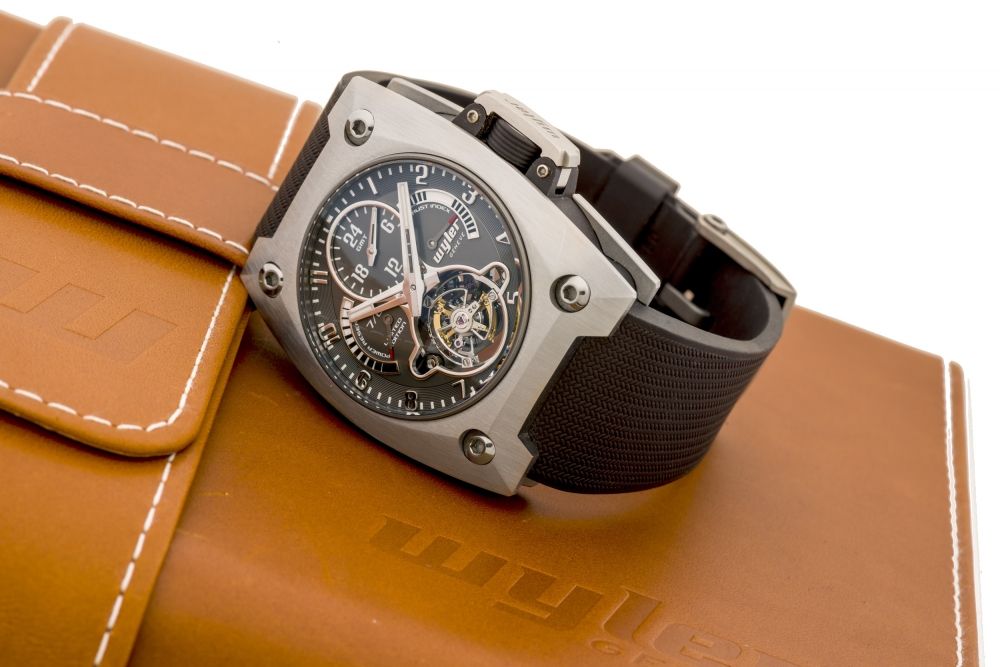WYLER, GMT TOURBILLON, STEEL A fine, limited edition, manual wind, stainless steel GMT tourbillon wristwatch with power reserve.