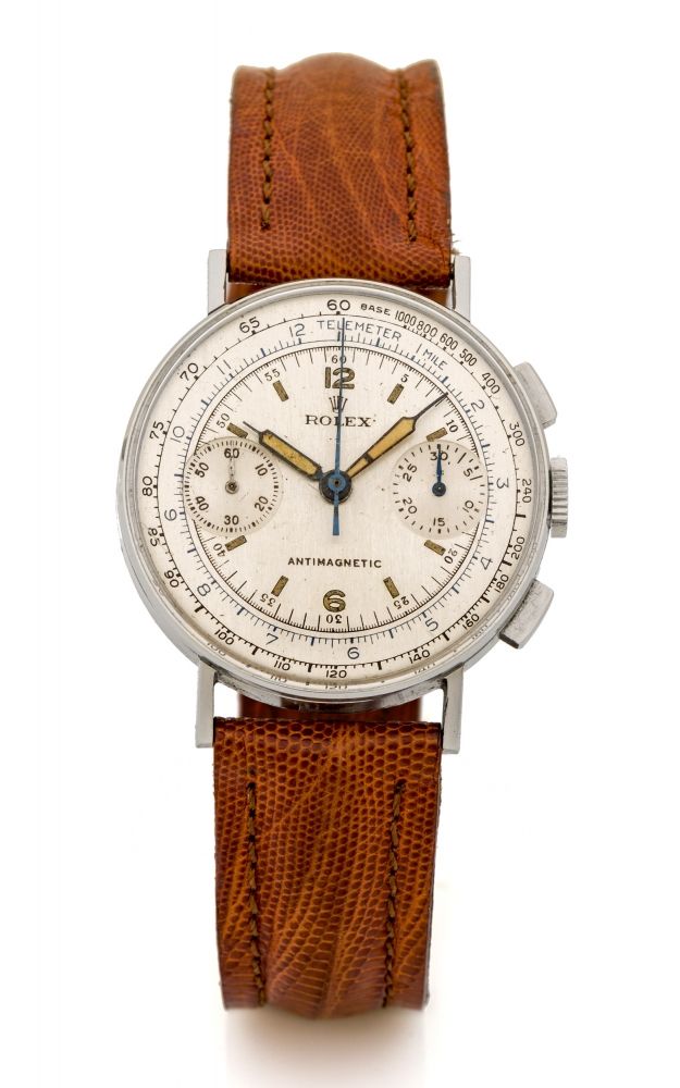 ROLEX REF 3484 STEEL CHRONOGRAPH Very fine and very rare, manual winding stainless steel wristwatch with square button chronograph.