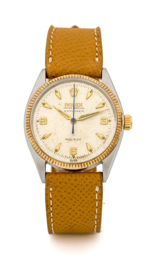ROLEX EXPLORER PRECISION REF. 5501 STEEL AND GOLD Fine and very rare, center seconds, self-winding, water-resistant, stainless steel and 18K yellow gold wristwatch.