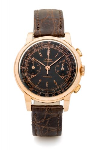 VETTA, CHRONOGRAPH, PINK GOLD A fine and large, manual-wind, 18k pink gold chronograph wristwatch.