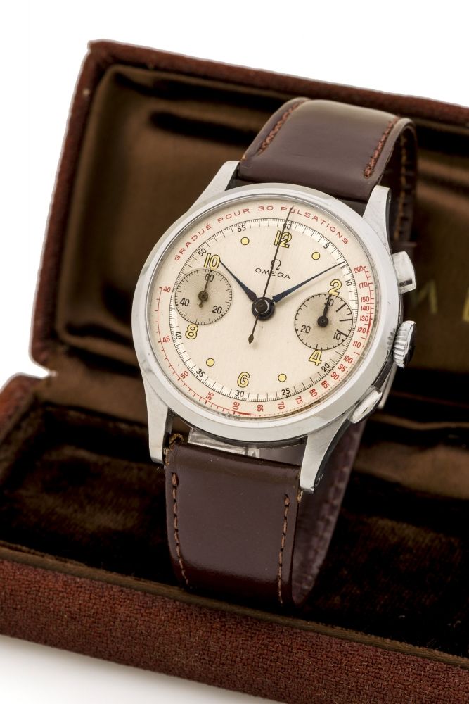 OMEGA 33.3 STEEL PULSOMETRIC CHRONOGRAPH Fine and rare steel, manual winding, Chronometer wristwatch.