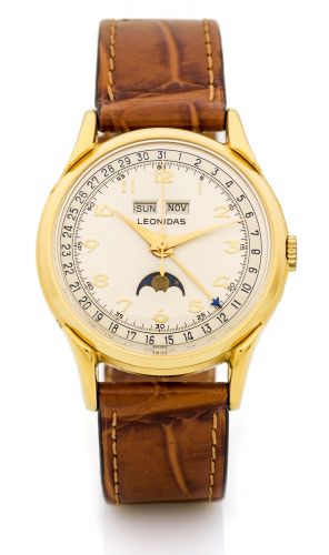 LEONIDAS, TRIPLE DATE MOONPHASE, GOLD PLATED A fine, manual wind triple date moon phase wristwatch.