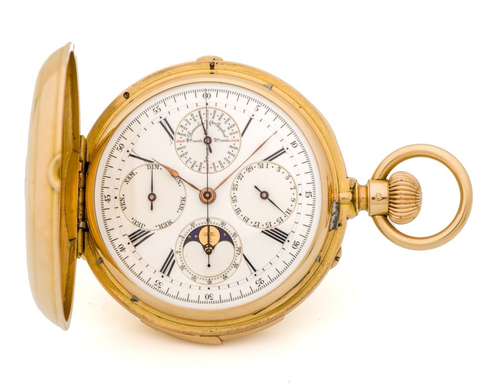 GUSTAVE SANDOZ, PERPETUAL CALENDAR CHRONOGRAPH, MINUTE REPEATER A fine and very rare, manual wind, openface perpetual calendar chronograph gold pocket watch.