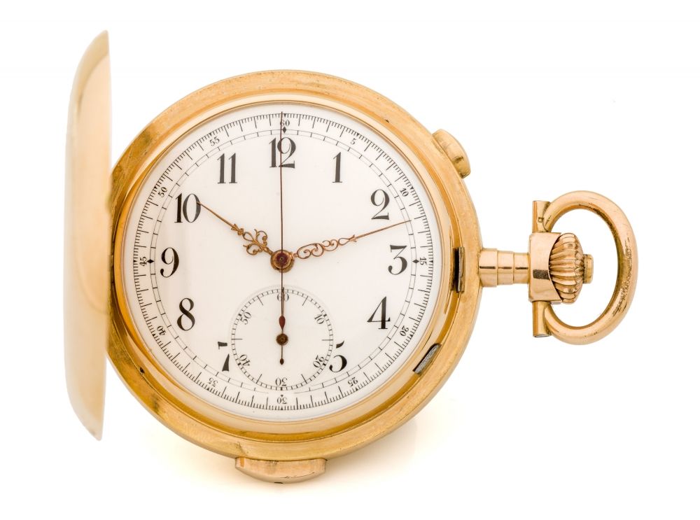 TEMPORA, MINUTE REPEATING CHRONOGRAPH, YELLOW GOLD A fine, manual wind 14k yellow gold minute repeating with chronograph pocket watch.