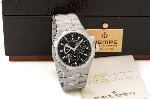 VACHERON CONSTANTIN OVERSEAS DUAL TIME - WEMPE 100 YEAR ANNIVERSARY LIMITED EDITION 100ex. Fine and rare, stainless steel, limited edition self winding tonneau shaped wristwatch with black dial, power reserve, date, gmt and day/night indicator.