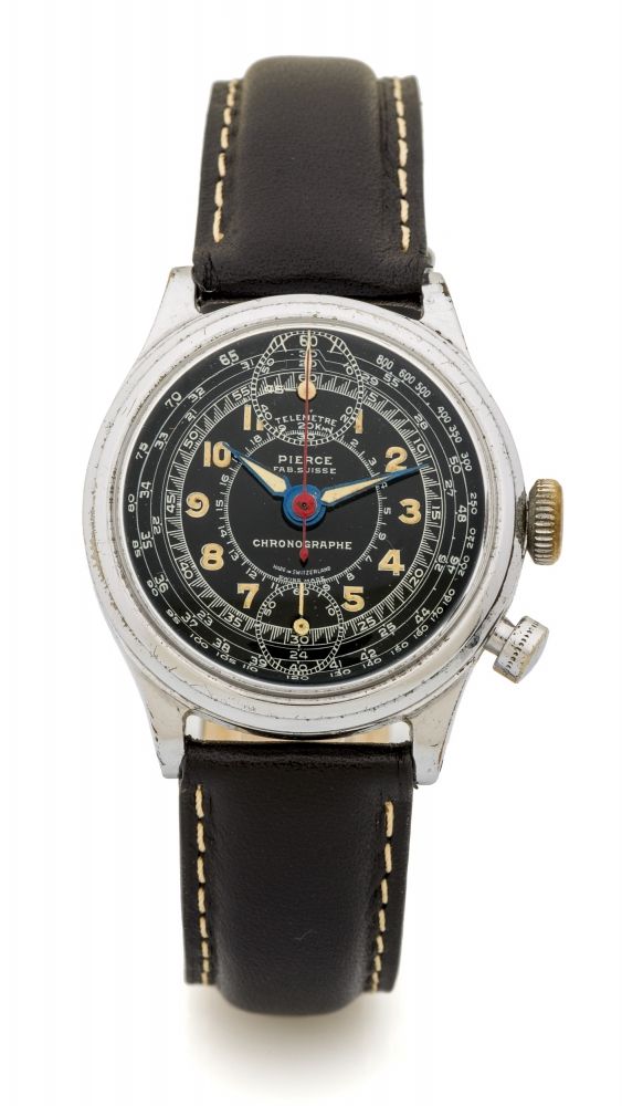 PIERCE, SINGLE BUTTON CHRONOGRAPH, BLACK DIAL An attractive, manual wind, chrome and stainless steel chronograph wristwatch.