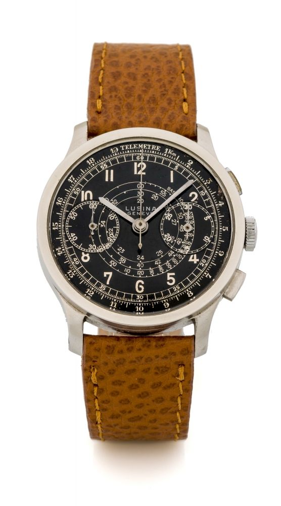 LUSINA GENEVE STEEL BLACK DIAL CHRONOGRAPH Fine and rare manual winding, chronograph wristwatch.