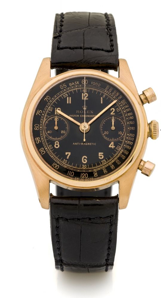 ROLEX, REF 4500, BLACK DIAL, PINK GOLD A fine and extremely rare, manual wind, 18k pink gold chronograph wristwatch with black dial.