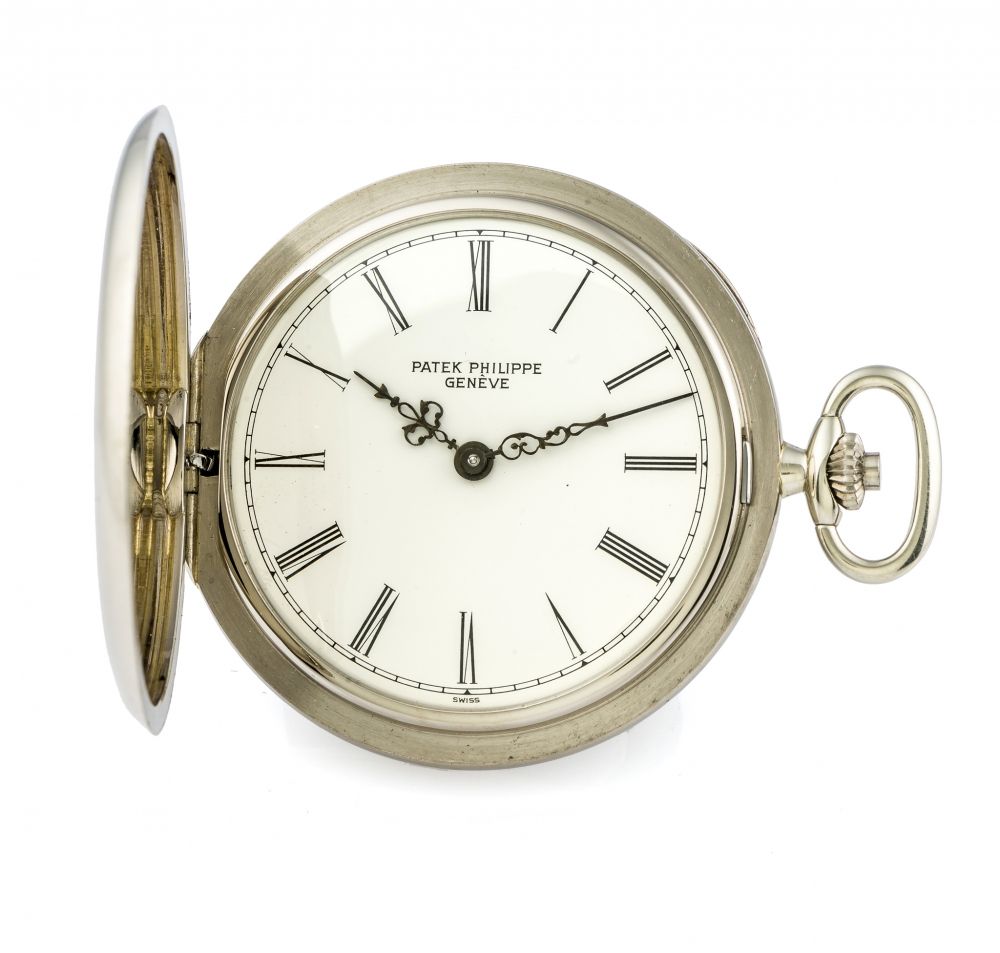 PATEK PHILIPPE REF. 865 HUNTER CASE POCKET WATCH WHITE GOLD Very fine and rare, manual-winding, 18K white gold pocket watch.