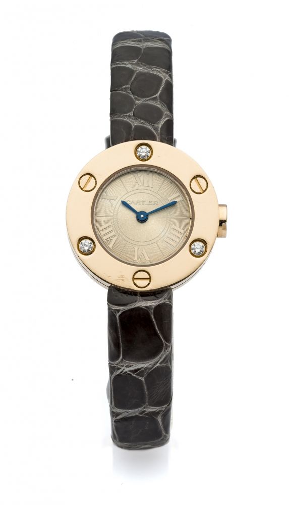 CARTIER LOVE LADY'S REF. 2977 QUARTZ ROSE GOLD Very fine, quartz, 18K rose gold lady's diamond-set wristwatch.