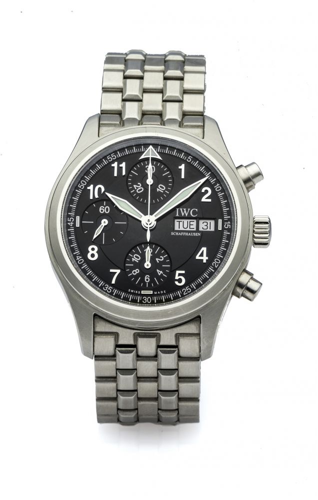 IWC DER FLIEGER CHRONOGRAPH REF. 3706 STEEL Very fine, self-winding, stainless steel wristwatch with chronograph and day date.
