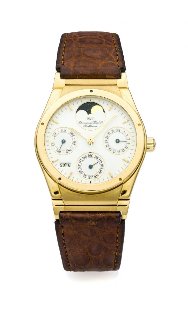 IWC INGENIEUR PERPETUAL REF. 3540 YELLOW GOLD Fine and rare, self-winding, 18K yellow gold wristwatch with perpetual calendar and moon phases.