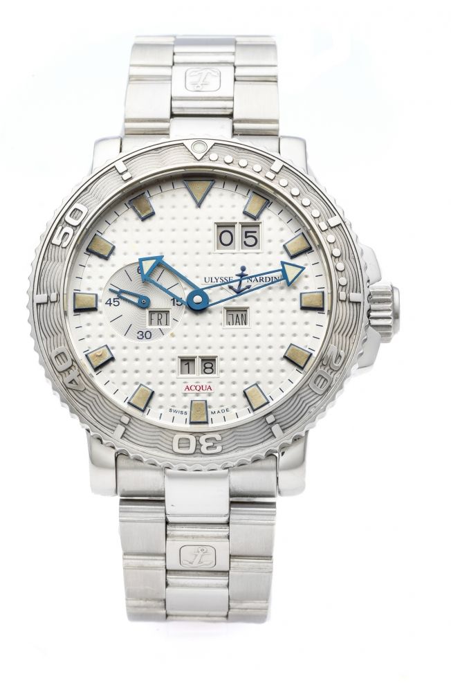 ULYSSE NARDIN ACQUA PERPETUAL REF. 333-88 STEEL Very fine and rare, self-winding stainless steel diver's wristwatch with perpetual calendar.