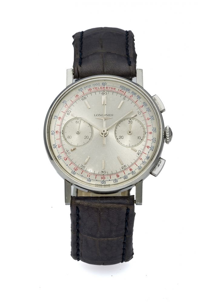 LONGINES REF. 7412-1 FLY-BACK CHRONOGRAPH STEEL Very fine and rare, manual-winding, stainless steel wristwatch with fly-back chronograph.