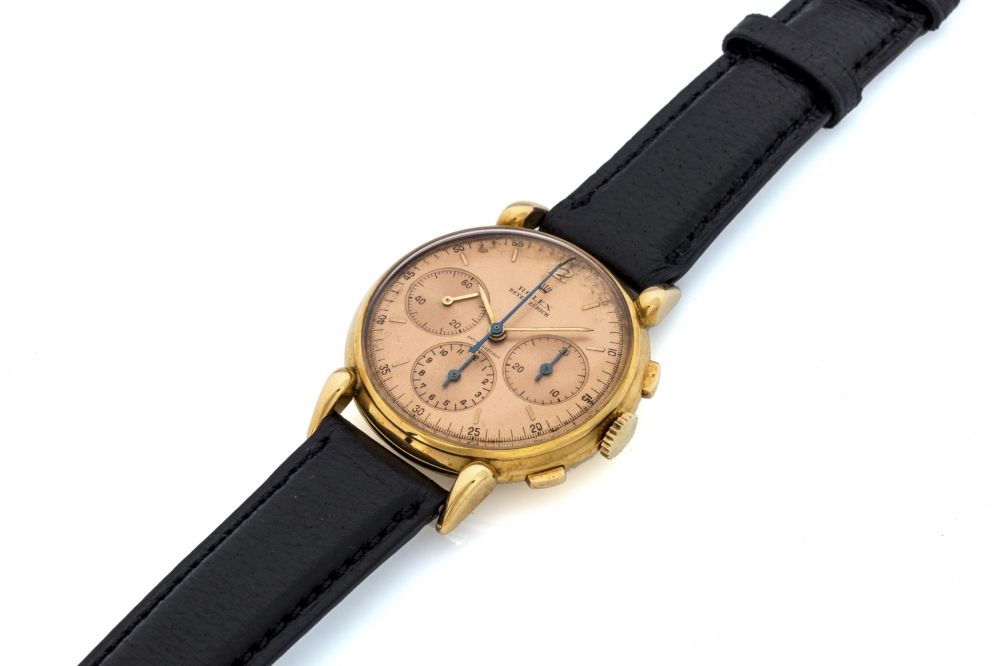ROLEX RETAILED BY BAYER REF. 4313 CHRONOGRAPH YELLOW GOLD Fine and rare, manual-winding, 18K yellow gold anti-magnetic wristwatch with chronograph.