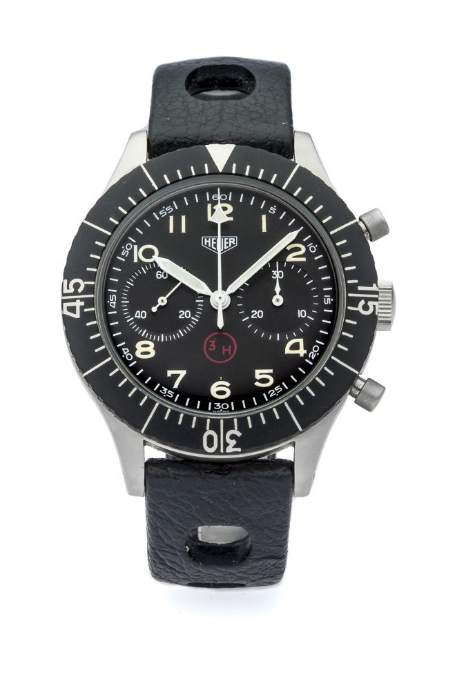 HEUER BUND REF. 6645 CHRONOGRAPH STEEL Very find and rare, manual-winding, stainless steel wristwatch with chronograph.