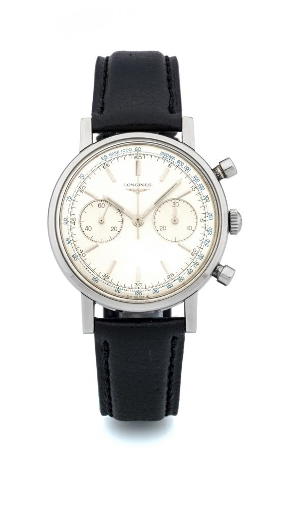 LONGINES REF. 7413 CHRONOGRAPH STEEL Fine and rare, manual-winding, stainless steel wristwatch with chronograph.