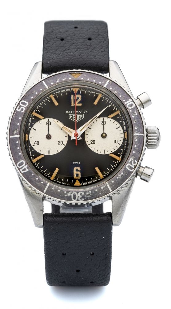 HEUER, AUTAVIA, REF. 3646, 1ST EXECUTION DIAL A very fine and rare, manual wind, stainless steel chronograph wristwatch.