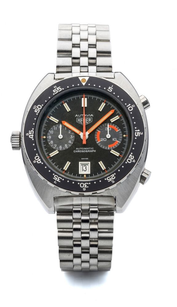 HEUER, REF. 11630MH, AUTAVIA, ORANGE BOY A very fine, attractive, self-winding, stainless steel chronograph wristwatch with date.