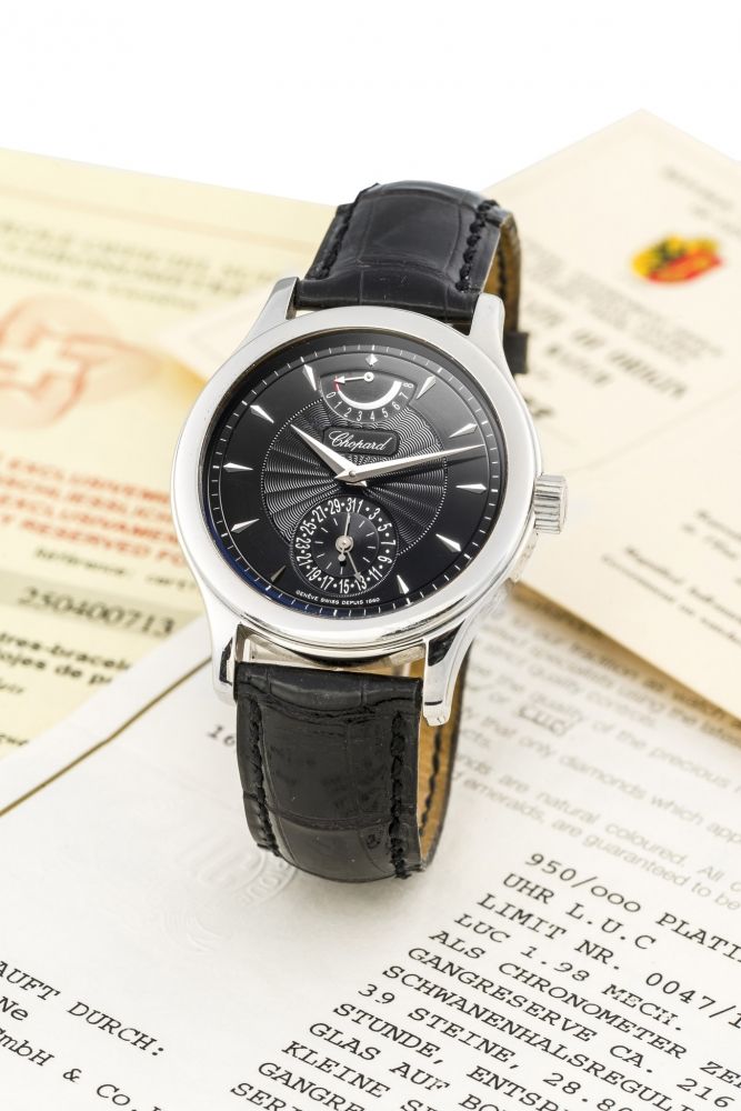 CHOPARD, LUC QUATTRO, POWER RESERVE, DATE, PLATINUM A fine, manual wind, platinum wristwatch with power reserve and date.