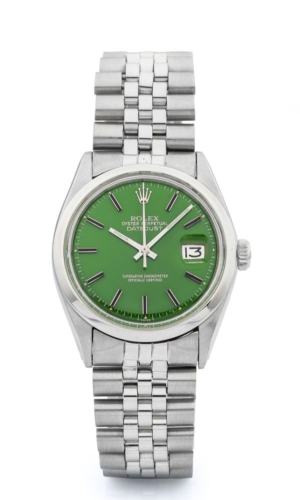 ROLEX, REF. 1600, DATEJUST WITH CUSTOM PAINTED DIAL A fine, self-winding, stainless steel wristwatch with custom-made dial.