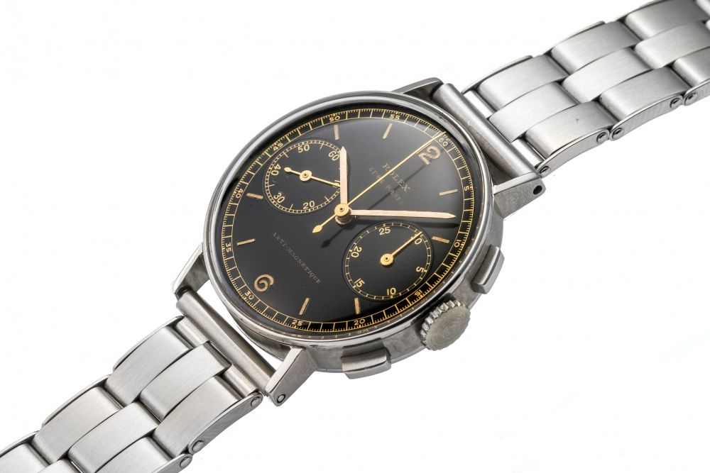 ROLEX, REF. 3484, CHRONOGRAPH ANTIMAGNETIQUE Fine and rare, manual wind, stainless steel chronograph wristwatch with black dial.